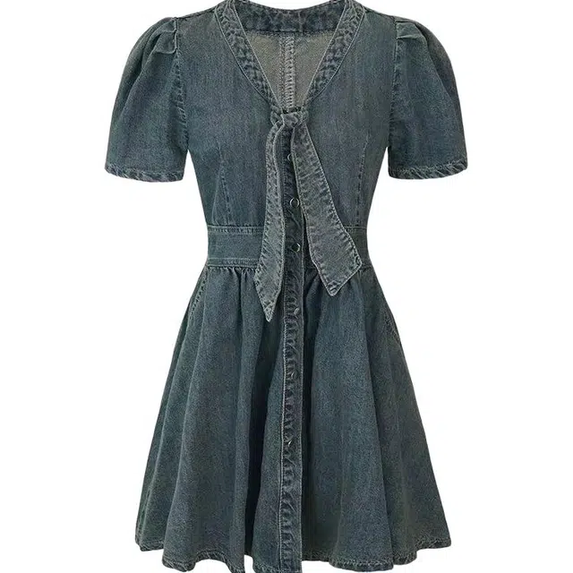 小卷要加油 欧若风法式气质薄款牛仔高级感收腰显瘦裙子短袖连衣裙 女款