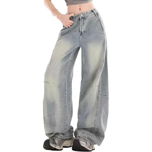 小卷要加油 浅色复古水洗高腰阔腿裤宽松显瘦弯刀裤牛仔裤 女款