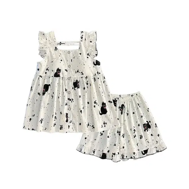 俏韵 卡通小黑猫休闲简约吊带短裤少女家居服睡衣套装 女款