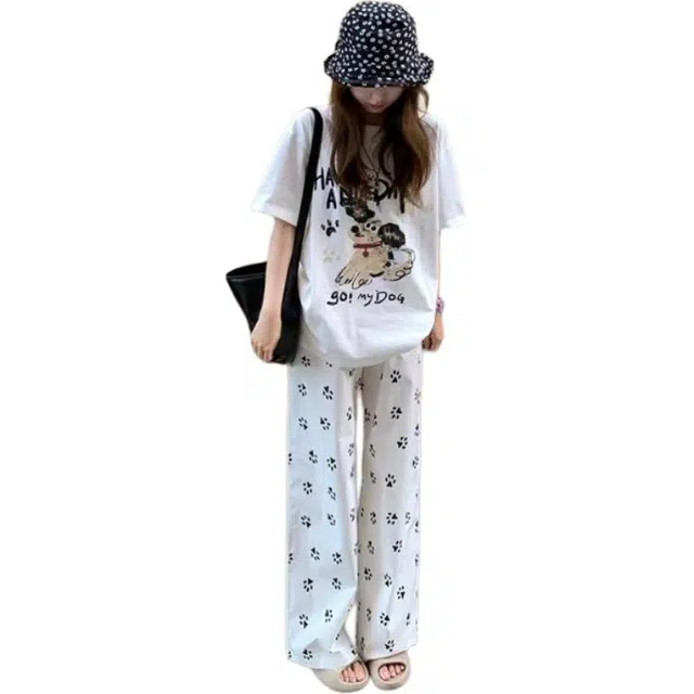 识恩 韩系减龄夏季女短袖学生宽松韩版时尚显瘦长裤运动两件套 休闲套装 女款