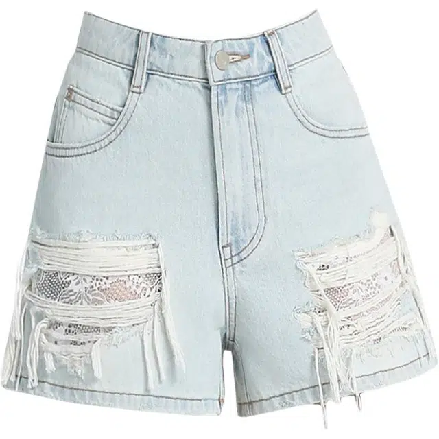 拾籍 蕾丝拼接破洞设计阔腿牛仔短裤 女款