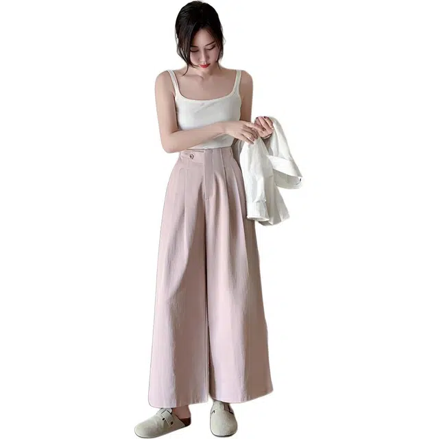 水中花 高腰显瘦垂感阔腿裤舒适透气设计感纽扣简约长裤休闲裤 女款