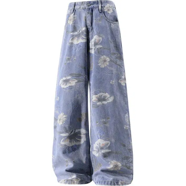 零氏 美式复古扎染满印花卉花纹设计感小众高街宽松休闲直筒垂感百搭拖地中腰牛仔裤 男女同款