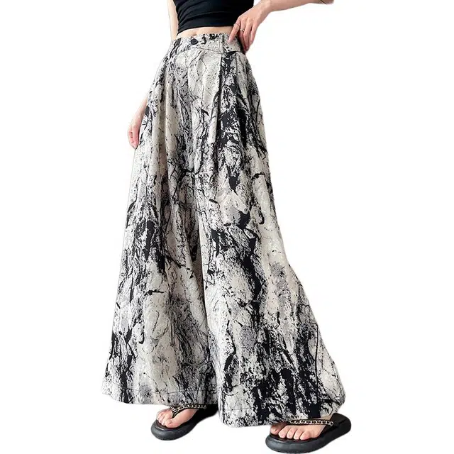 水中花 法式复古时尚扎染设计高腰阔腿垂感百搭气质休闲裤 女款