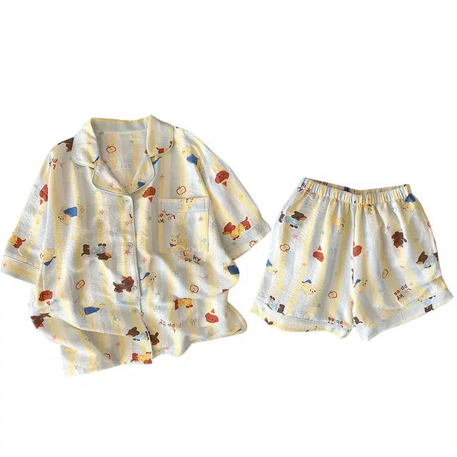 俏韵 翻领卡通小狗夏季甜美亲肤短袖短裤两件套家居服可外穿睡衣套装 女款