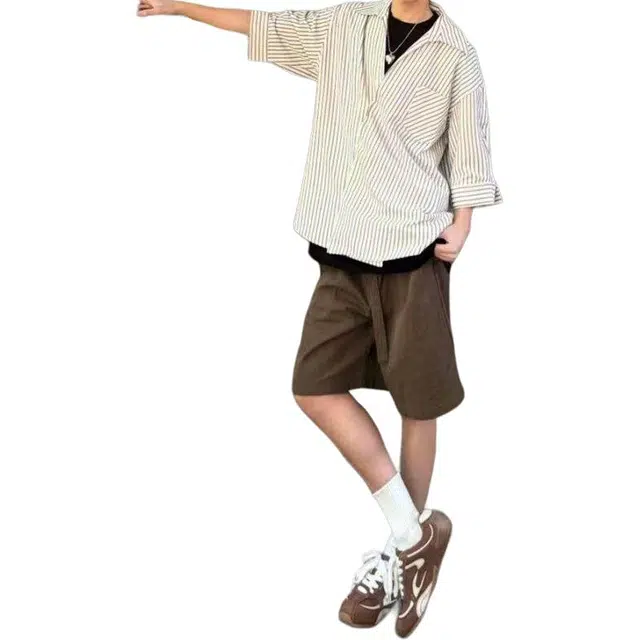 拓菲 设计感条纹斜门襟夏日韩系氛围感穿搭宽松半袖衬衣短袖衬衫 男女同款