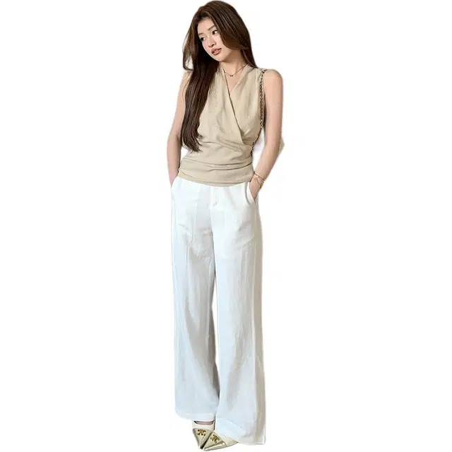 水中花 韩版时尚潮流高腰显瘦宽松阔腿透气舒适设计感休闲裤 女款