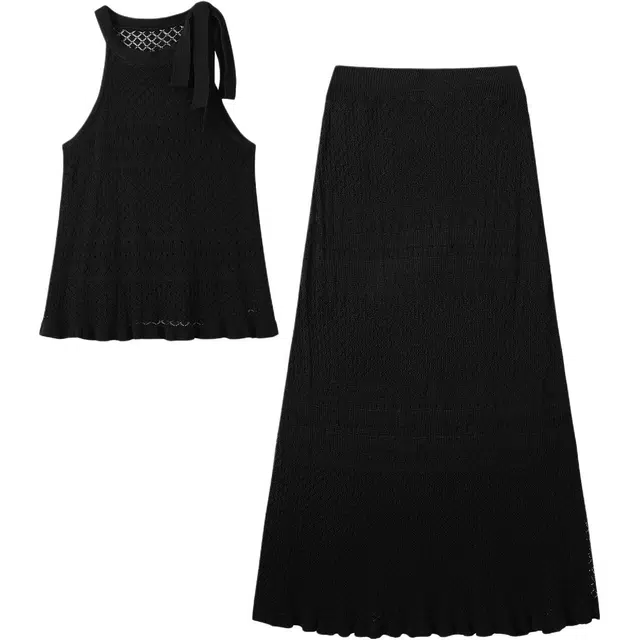 如续 时尚简约无袖背心镂空针织半身裙别致显瘦裙装套装 女款