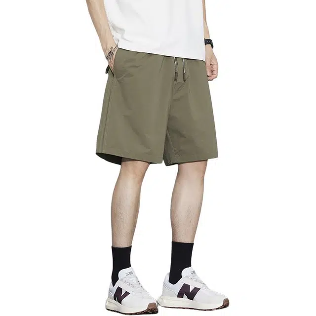 加荣 冰丝纯色速干弹力男夏季轻薄透气潮牌青少年户外出行百搭男裤宽松休闲小众设计感抽绳松紧腰五分运动中裤外穿短裤 男女同款