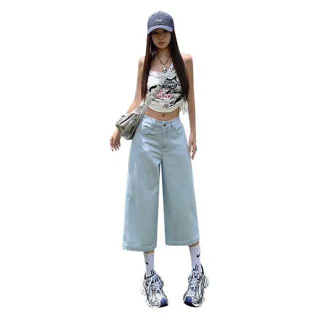 玫丝朵 美式直筒高腰宽松休闲垂感阔腿牛仔短裤 女款