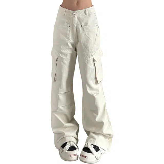 冈哉 美式潮流大口袋褶皱铆钉拼接垂感工装小众设计宽松显高显瘦直筒户外机能风百搭伞兵阔腿休闲裤 男女同款