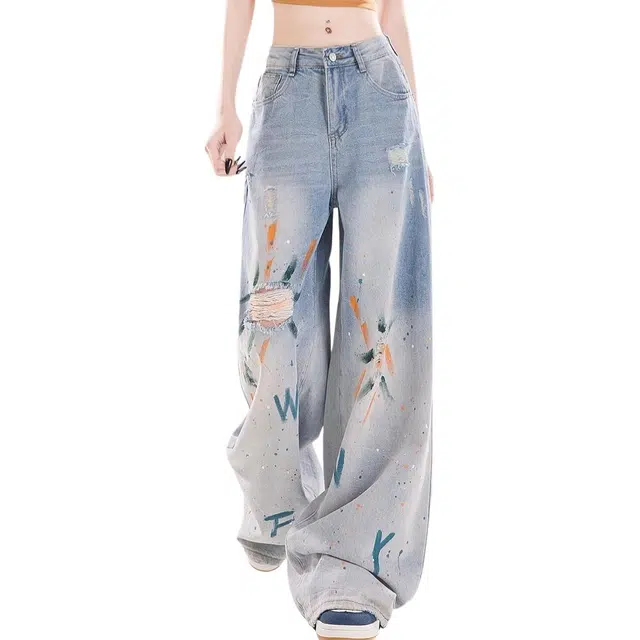 小卷要加油 高腰破洞涂鸦阔腿女夏季辣妹宽松垂感直筒裤牛仔裤 女款
