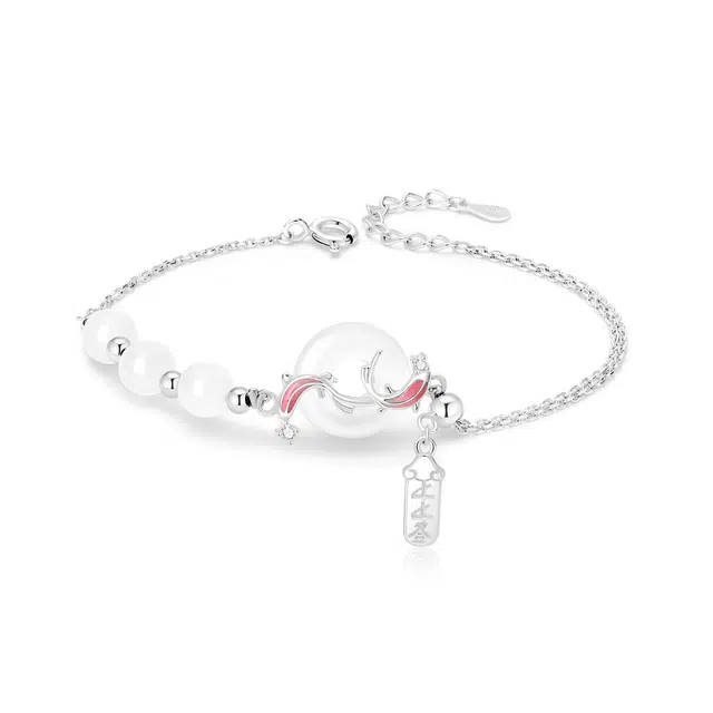 中国黄金 珍·尚银 新中式 锦鲤平安扣 小众设计感 古风优雅 碎岁平安轻奢百搭不撞款手饰 玉髓 玉石手链 女款 礼盒