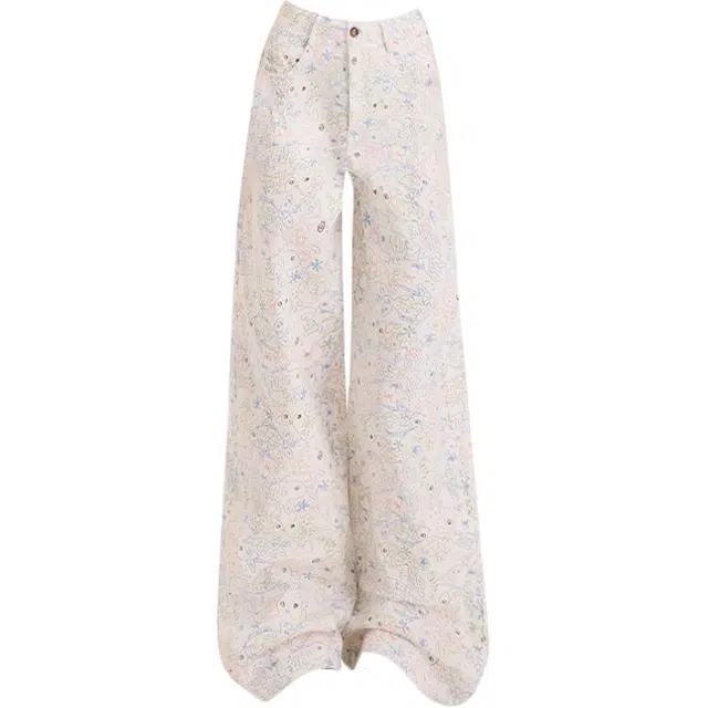 拾籍 可爱风印花设计涂鸦元素牛仔裤女夏季小个子高腰显瘦直筒宽松垂感拖地裤 女款