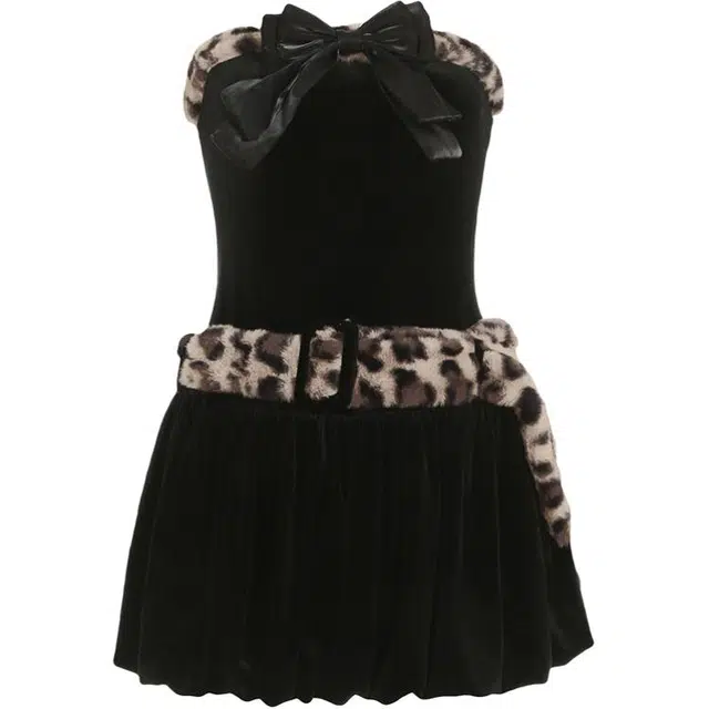 小卷要加油 法式豹纹裙女蝴蝶结抹胸短裙毛绒腰带修身辣妹花苞裙无袖连衣裙 女款