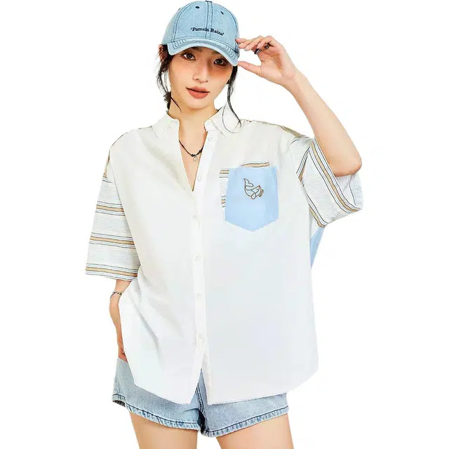 木果果木 夏季 法式复古翻领宽松条纹常规短袖休闲衬衫 女款