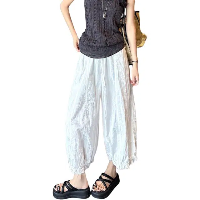 水中花 法式时尚优雅高腰显瘦宽松甜美木耳边舒适休闲裤 女款