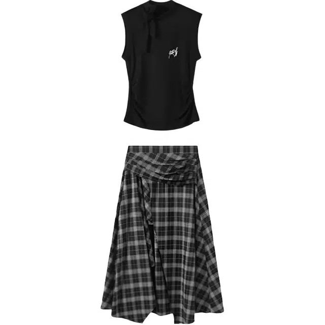 木清清 甜辣风立领绑带无袖背心上衣女夏季格纹设计感不规则半身长裙裙装套装 女款