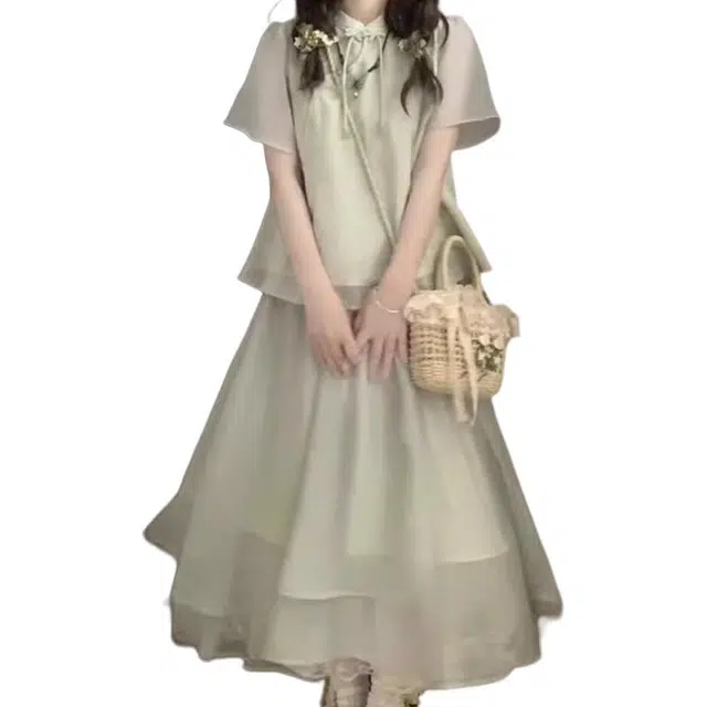 黛尔佳人 新中式国风小个子淑女气质温柔风设计感上衣半身裙裙装套装 女款