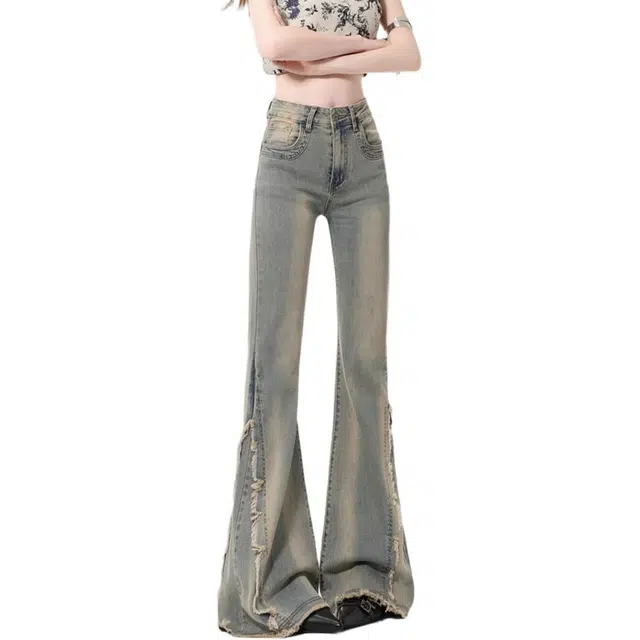 小卷要加油 复古设计高腰微喇叭女夏季辣妹感马蹄裤子牛仔裤 女款