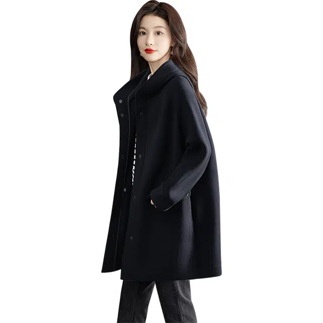 丝柏舍 简约休闲舒适连帽中长款大衣 女款 黑色
