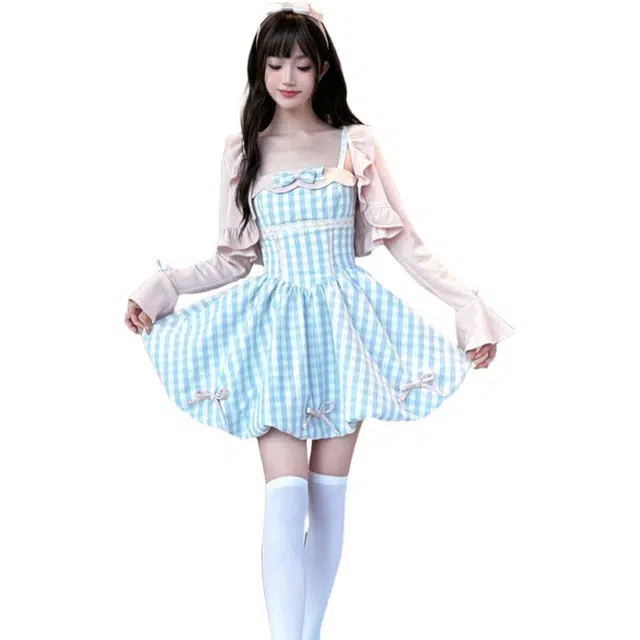 小卷要加油 海盐草莓 温柔针织长袖外搭小清新可爱格子连衣裙裙装套装 女款