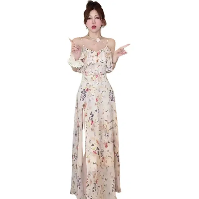 黛尔佳人 法式荷叶边开叉碎花吊带连衣裙女夏季收腰纯欲海边度假长裙子 女款