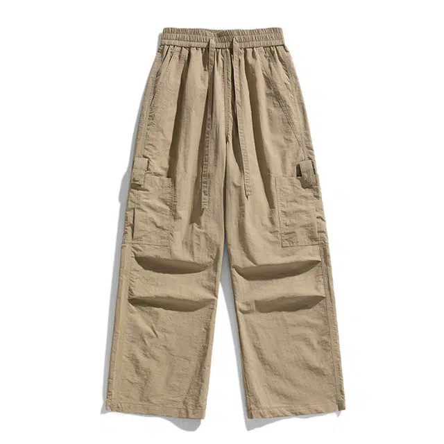 稻草人 春夏时尚裤男纯棉薄款宽松长款松紧腰纯色直筒透气夏季长裤子休闲裤 男女同款