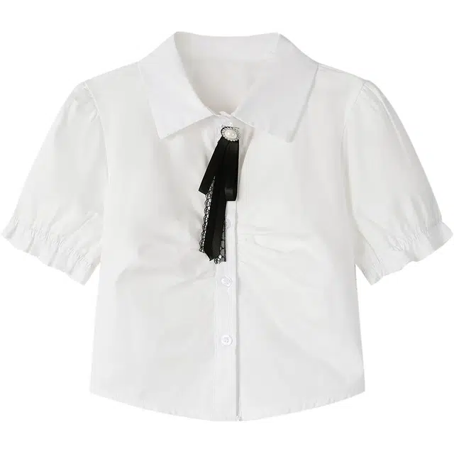 如续 泡泡袖短款后背系绑收腰短袖衬衫 女款