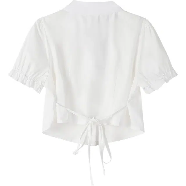 如续 泡泡袖短款后背系绑收腰短袖衬衫 女款