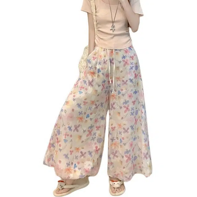 水中花 法式甜美风时尚印花高腰设计宽松舒适垂感休闲裤 女款