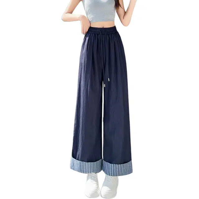 水中花 潮流时尚百搭高腰显瘦条纹阔腿宽松垂感舒适休闲裤 女款