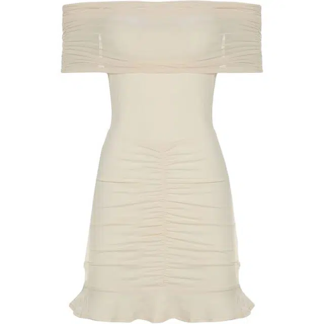 小卷要加油 法式纯欲褶皱网纱一字肩裙女短款收腰显瘦辣妹包臀裙吊带连衣裙 女款