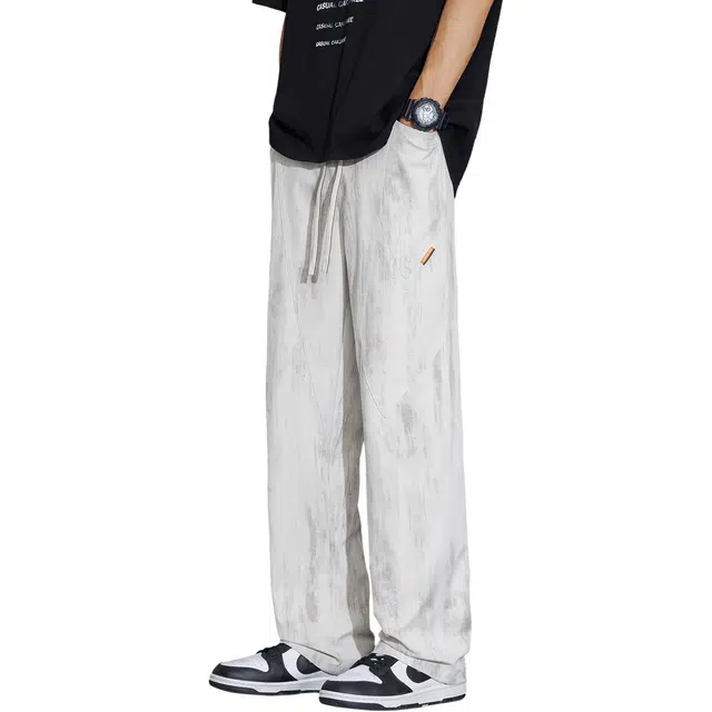 路杰邦 透气凉感潮流时尚美式长裤复古拼接设计感抽绳系带扎染渐变脏舒适抗皱耐磨阔腿裤垂感直筒大码日常通勤宽松百搭休闲裤 男款