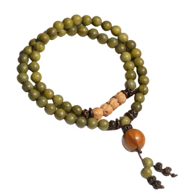 子婳 檀木佛珠老檀香百香籽手持长念珠学生双圈叠戴文玩盘玩森系复古国风 绿檀 手串 男女同款情侣款