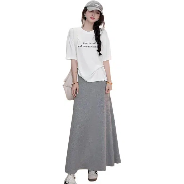 缪斯的诱惑 夏季显瘦松紧腰纯色半身裙卫裙休闲套装 女款