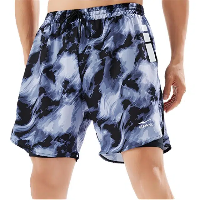 鸿星尔克 速干透气假两件满印系带泳裤 男款 黑色印花