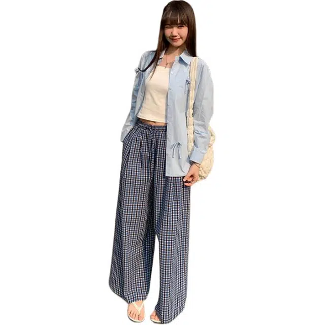 水中花 时尚潮流百搭高腰显瘦格子垂感宽松阔腿舒适休闲裤 女款