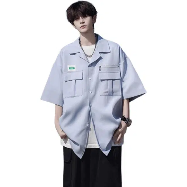 加荣 美式速干工装短袖衬衫透气男款夏季潮牌宽松大码男生高级休闲衬衣外套 男女同款