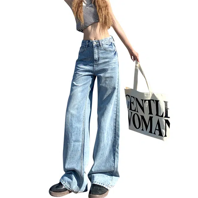 玫丝朵 美式复古高腰设计感宽松直筒拖地牛仔裤 女款