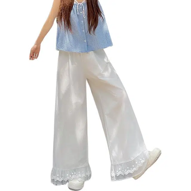 水中花 法式优雅高腰显瘦蕾丝花边拼接宽松垂感裤裙休闲裤 女款