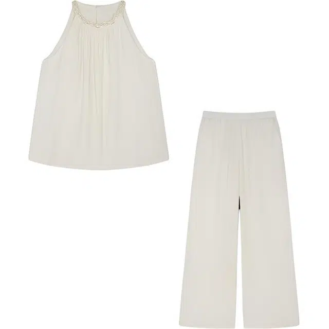 潞优野 优雅纯色圆领设计无袖上衣长裤休闲套装 女款