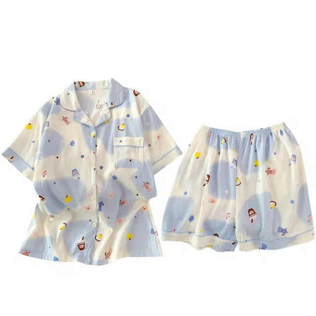 俏韵 翻领卡通夏季云朵棉甜美可爱亲肤短袖短裤薄款家居服可外穿睡衣套装 女款