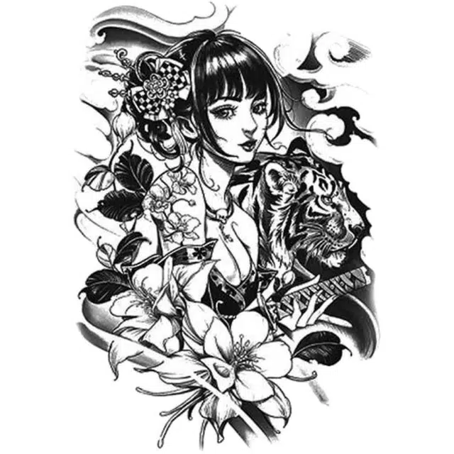 猎己  驭虎少女彩色纹身贴 防水防汗不反光手臂小腿脖子胸口手指满背半甲