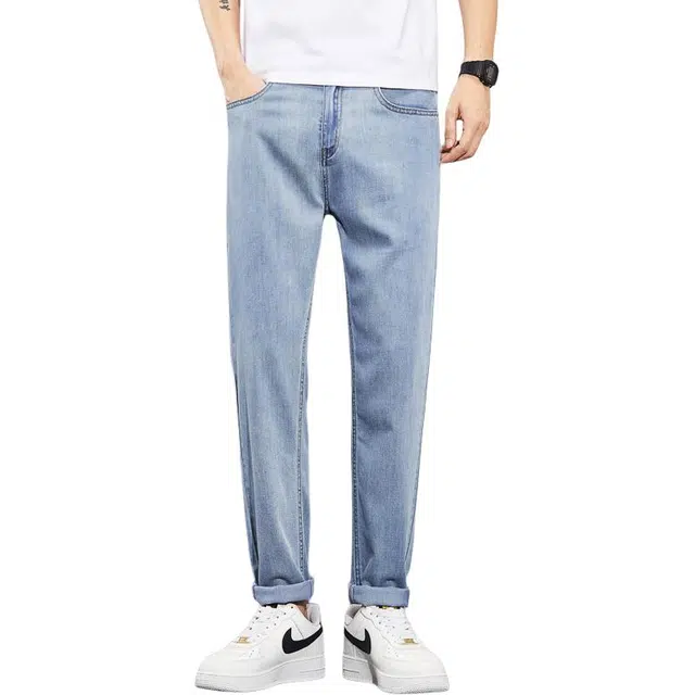 么宁 纯色简约百搭锥形裤夏季薄款宽松直筒潮流时尚舒适透气休闲牛仔裤 男女同款