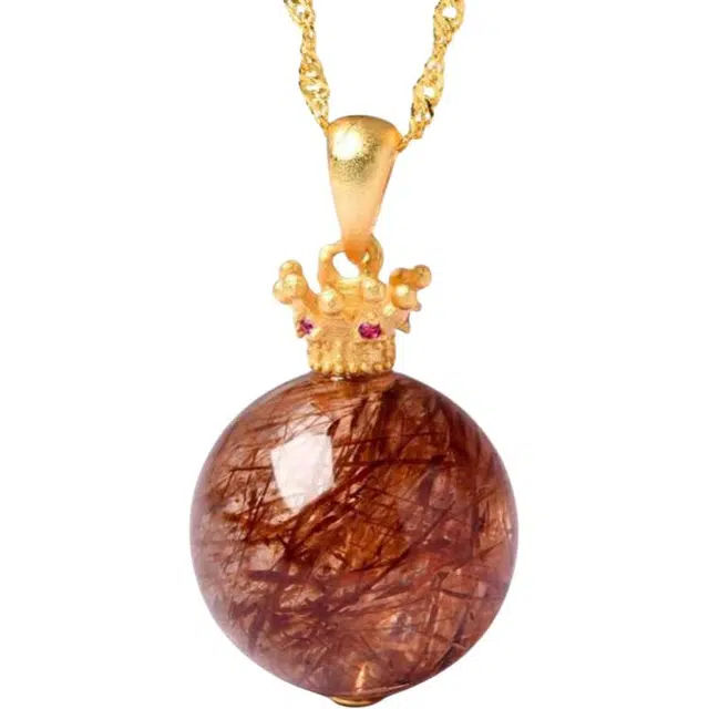 迈奇的礼物 女神恋爱好运自然黑金超水晶皇冠纯银转运珠钛晶黄褐色天然 黑发晶 吊坠 女款