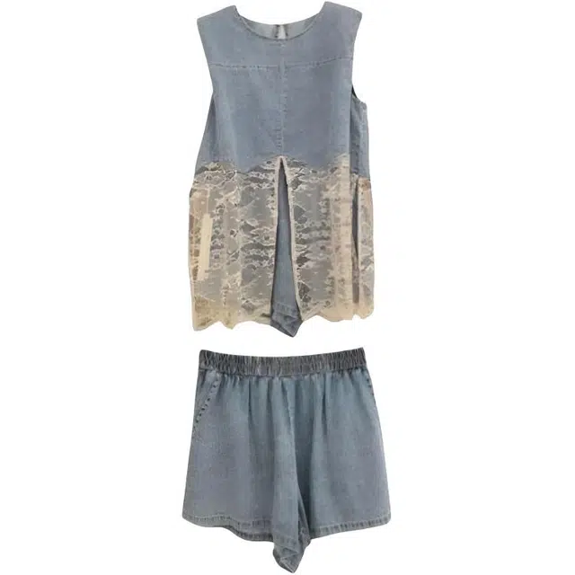 小卷要加油 蕾丝拼接牛仔马甲简约短裤休闲套装 女款