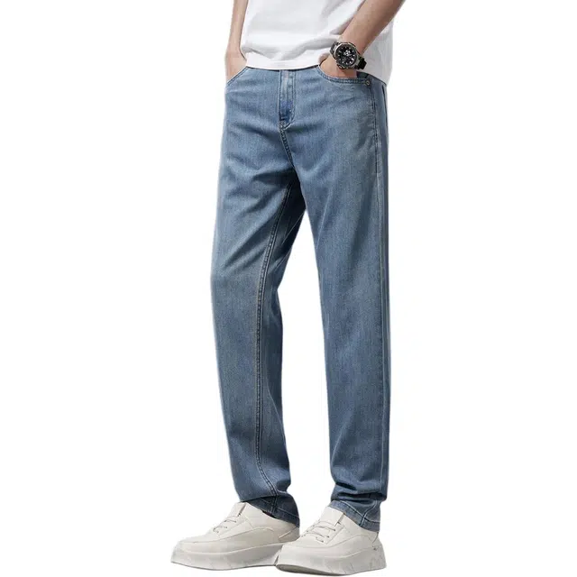 么宁 夏季薄款简约百搭宽松直筒潮流时尚弹力舒适透气休闲牛仔裤 男女同款