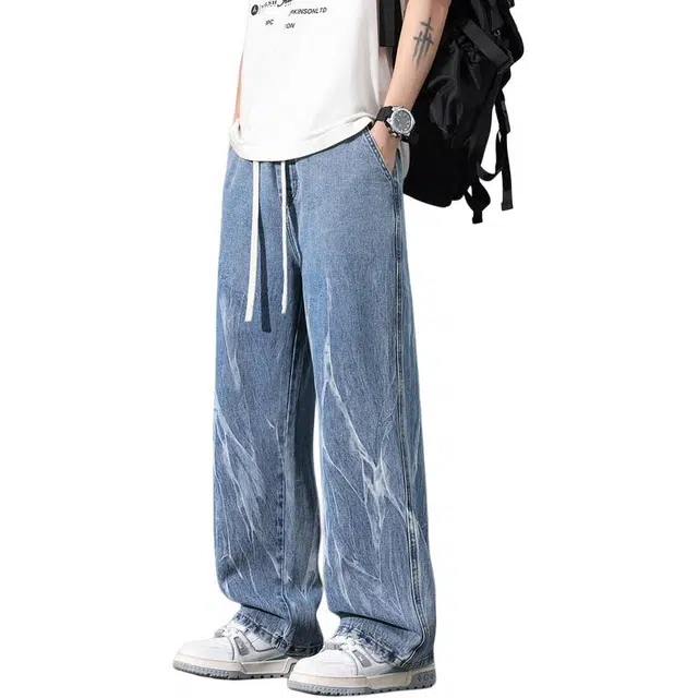 协协乐 扎染直筒春秋男休闲潮牌高街夏季薄款美式复古水洗痞帅阔腿百搭运动长裤牛仔裤 男款