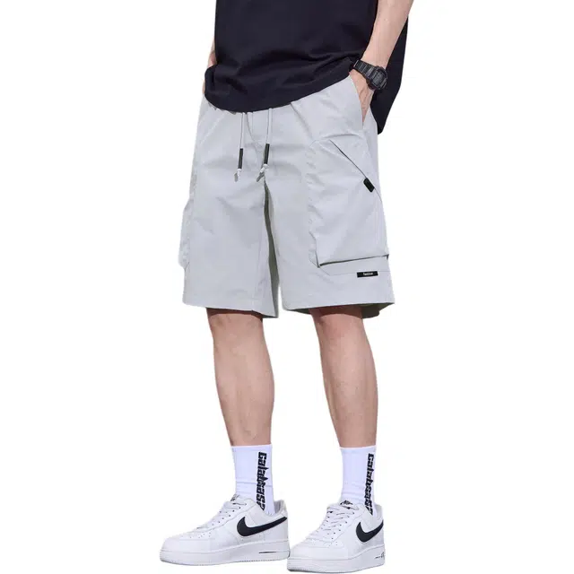 瑞梵帝斯 美式潮流百搭宽松柔软运动日常出行亲肤吸汗透气舒适纯色慵懒风户外弹力中腰型直筒系带五分休闲裤短裤 男款